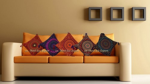 16X16" Indian Ethnic Mandala Peacock Bohemian Set of 5 Decorative Colorful Cotton Square For Sofa Set Home Decorative Boho Throw Pillow Case Cushion Cover