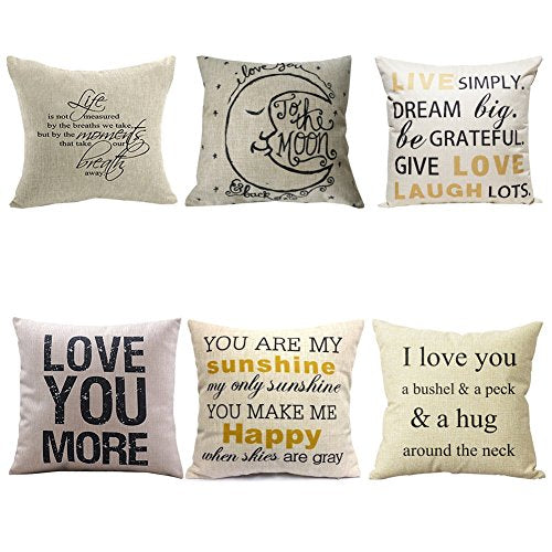 WUWE Cotton Linen Square Vintage Throw Pillow Case Shell Decorative Cushion Cover Pillowcase LOVE series (pack of six)