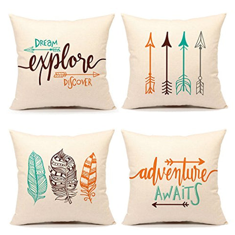 Inspirational Quote Throw Pillow Case Cushion Cover Decorative Cotton Linen 18" x 18" Set of 4(Adventure Awaits,Dream Explore Discover, Ethnic Arrows, Feathers)