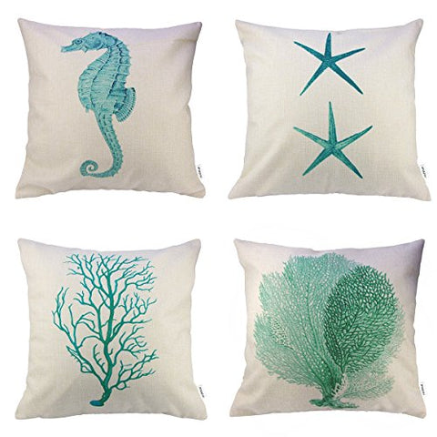 4 Packs Hippih Cotton Linen Sofa Home Decor Design Throw Pillow Case Cushion Covers 18 X 18 Inch ,1x Starfish + 1x Seahorse + 1x Coral + 1x Branch (Green)