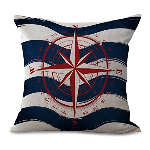 Miracle Dec Nautical Compass Pattern Linen Polyester Square Sofa Throw Pillow Covers (18"x18", Red&Navy)