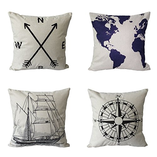 BPFY 4 Pack Home Decor Cotton Linen Nautical Style Sofa Throw Pillow Case Cushion Cover 18 x 18 Inch