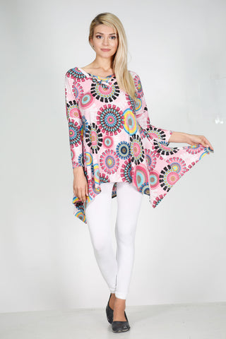 #6000WFC22029  Pink Pattern V-Neck Criss Cross Tunic Top