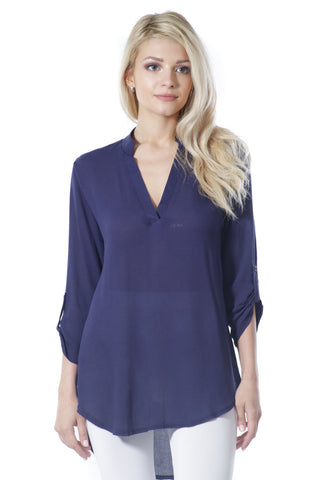 #6005WFC   Navy Blue 3/4 Sleeve Split Neck Tunic Top