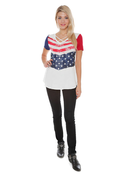 #6008WFC24196   White Flag Short Sleeve V-Neck Criss Cross T-Shirt Top