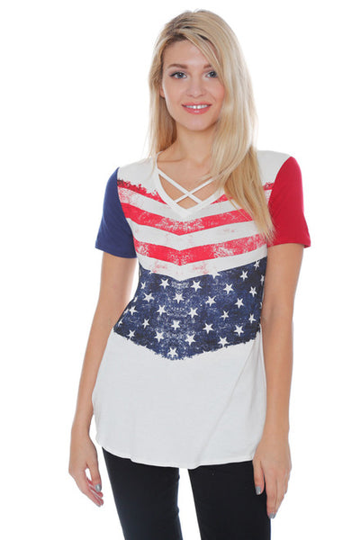 #6008WFC24196   White Flag Short Sleeve V-Neck Criss Cross T-Shirt Top