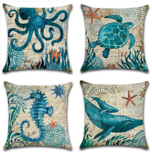 Onway Ocean Park Cotton Linen Theme Decorative Pillow Cover Case D 18" X 18" Square Shape-ocean-beach-sea-print-starfish-seahorse-voyage, 4 Pack (Season1)