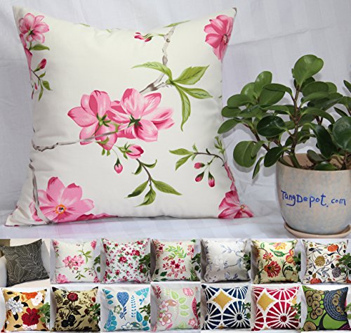 TangDepot 100% Cotton Floral/Flower Printcloth Decorative Throw Pillow Covers /Handmade Pillow Shams, 14 Color and 10 Size options, Light Black, Peach Blossom, Red Rosebush, Red And Green Leaf, White Magnolia, Fantastic Flowers, Chrysanthemum, Peony, Red