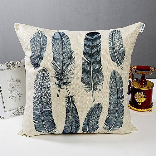 Set of 4 Feather Print Decorative Throw Pillow Covers, 18 x 18 inch Cotton Linen Cushion Covers