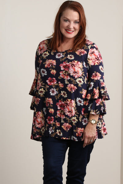 #7010BW    PLUS Floral Tiered Ruffle Sleeve Tunic