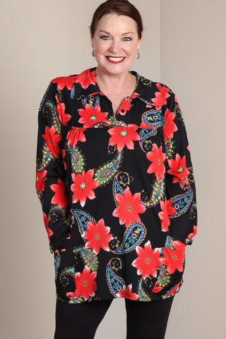 #7016BW    PLUS Coral & Black Collar Button Front Tunic with Pockets