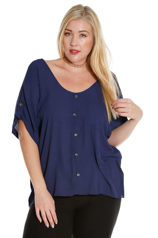 #7027WFC    PLUS Navy Blue Chiffon Short Sleeve Top