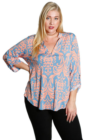 #7031WFC    PLUS Slate Blue Peach Print 3/4 Sleeve Split Neck Tunic Top