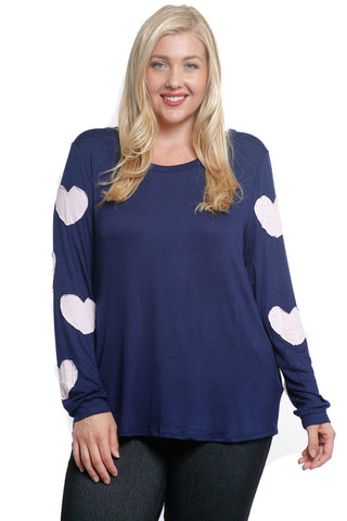 #7033WFC    PLUS Navy Blue with Pink Hearts Scoop Neck Long Sleeve T-Shirt Top