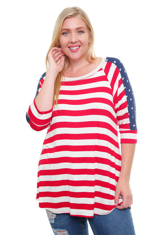#7035WFC    PLUS American Flag 3/4 Sleeve Top